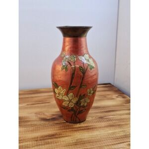 Vintage Solid Brass and Enamel Cloisonné‎ Vase, Orange & White, Heavy